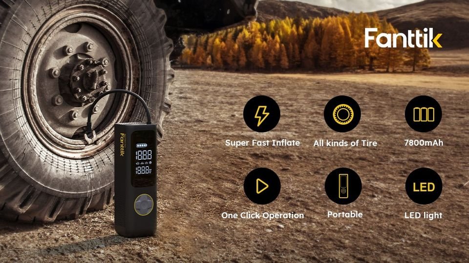 Fanttik X8 APEX tire inflator key features including 7800mAh battery and LED light